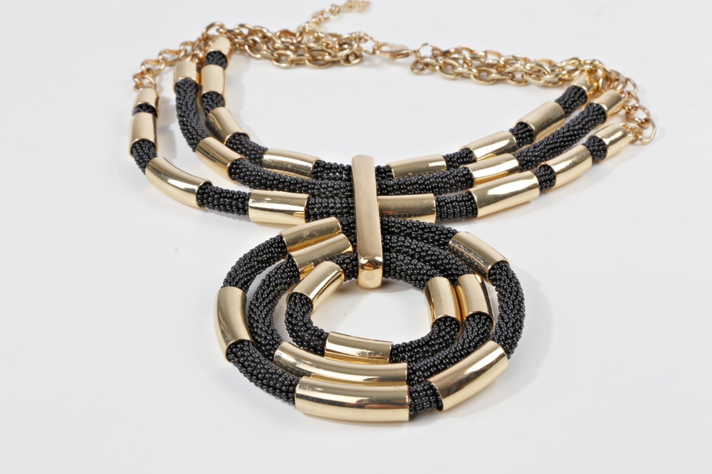 Chunky Gold Tone Black Mesh Cord Tube Ring Statement Bib Collar Necklace